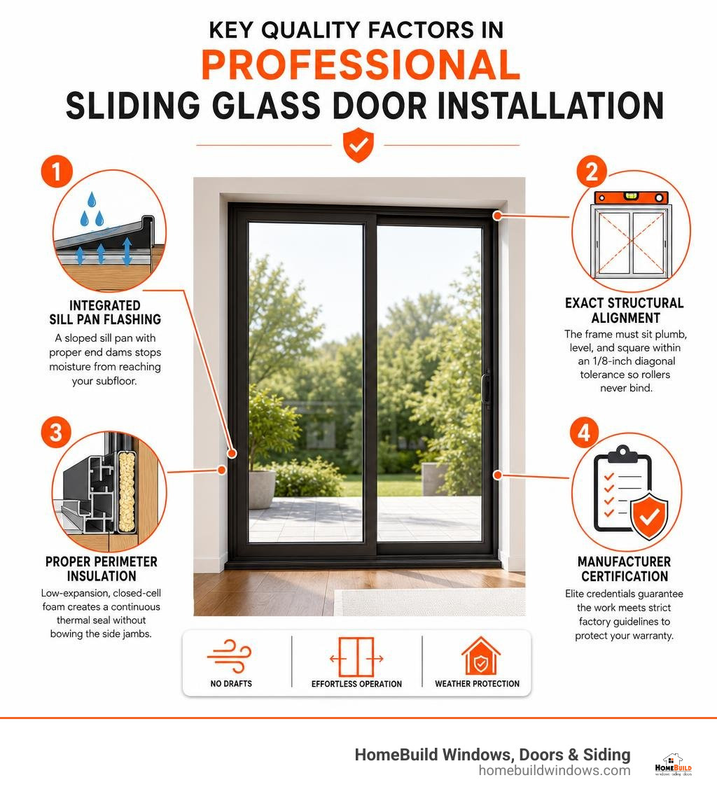 Key quality factors in professional sliding glass door installation infographic