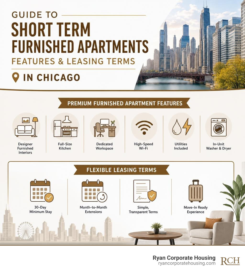 Guide to short term furnished apartment features and leasing terms in Chicago infographic
