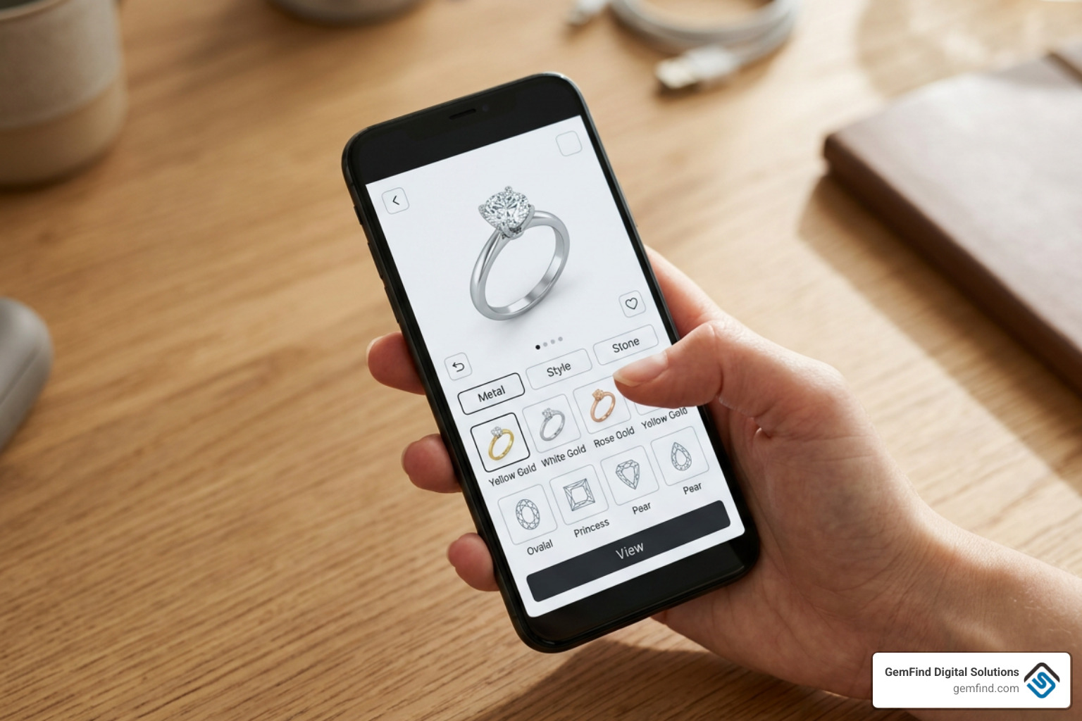 Interactive digital ring builder interface on a smartphone screen