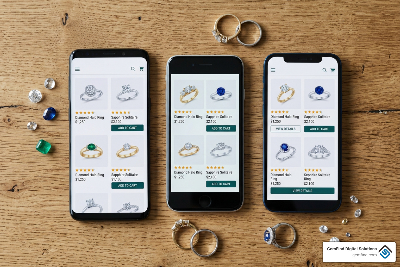 Comparison of mobile jewelry app interfaces, ratings, and feature tiers