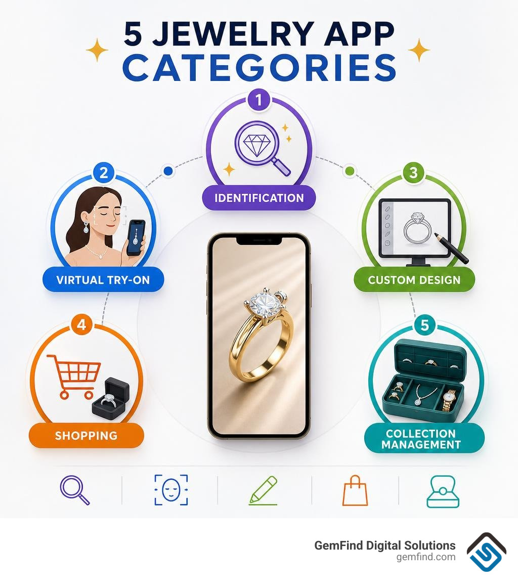 Five jewelry app categories: identification, virtual try-on, custom design, shopping, collection management infographic