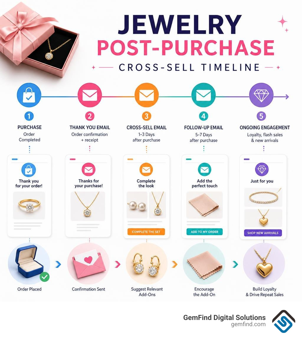 Jewelry post-purchase cross-sell timeline infographic Jewelry post-purchase cross-sell timeline infographic