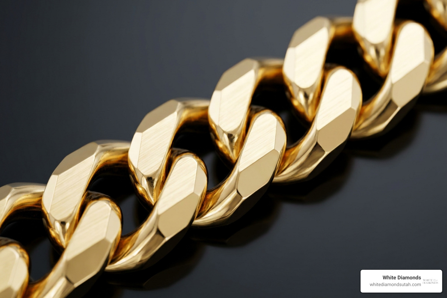 close-up diamond cut beveling on interlocking gold links