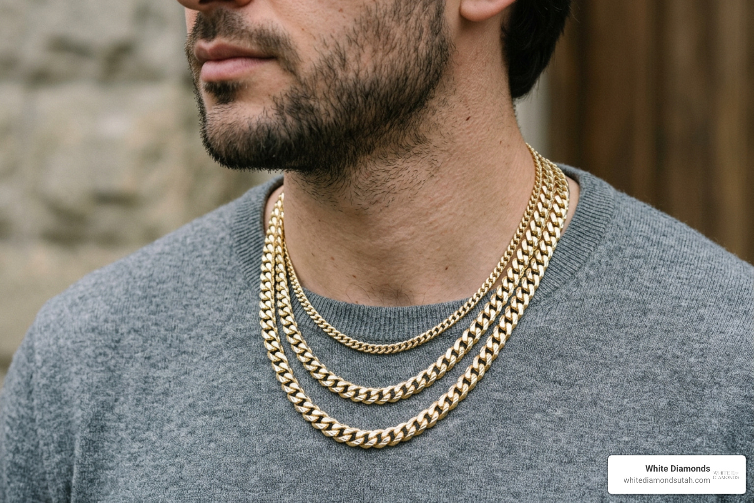 various Cuban link chain widths worn on neck