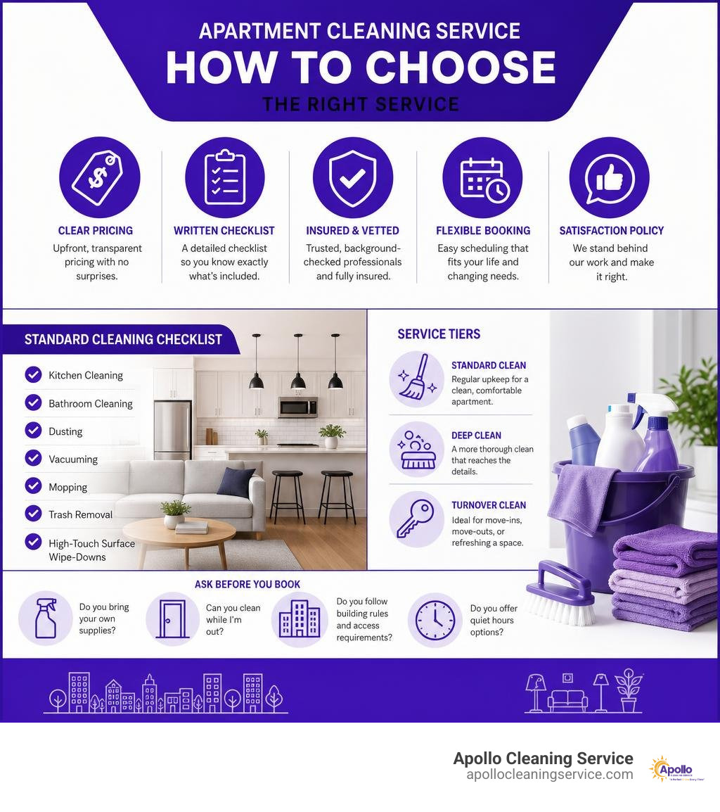 Apartment cleaning service selection and standard checklist overview infographic