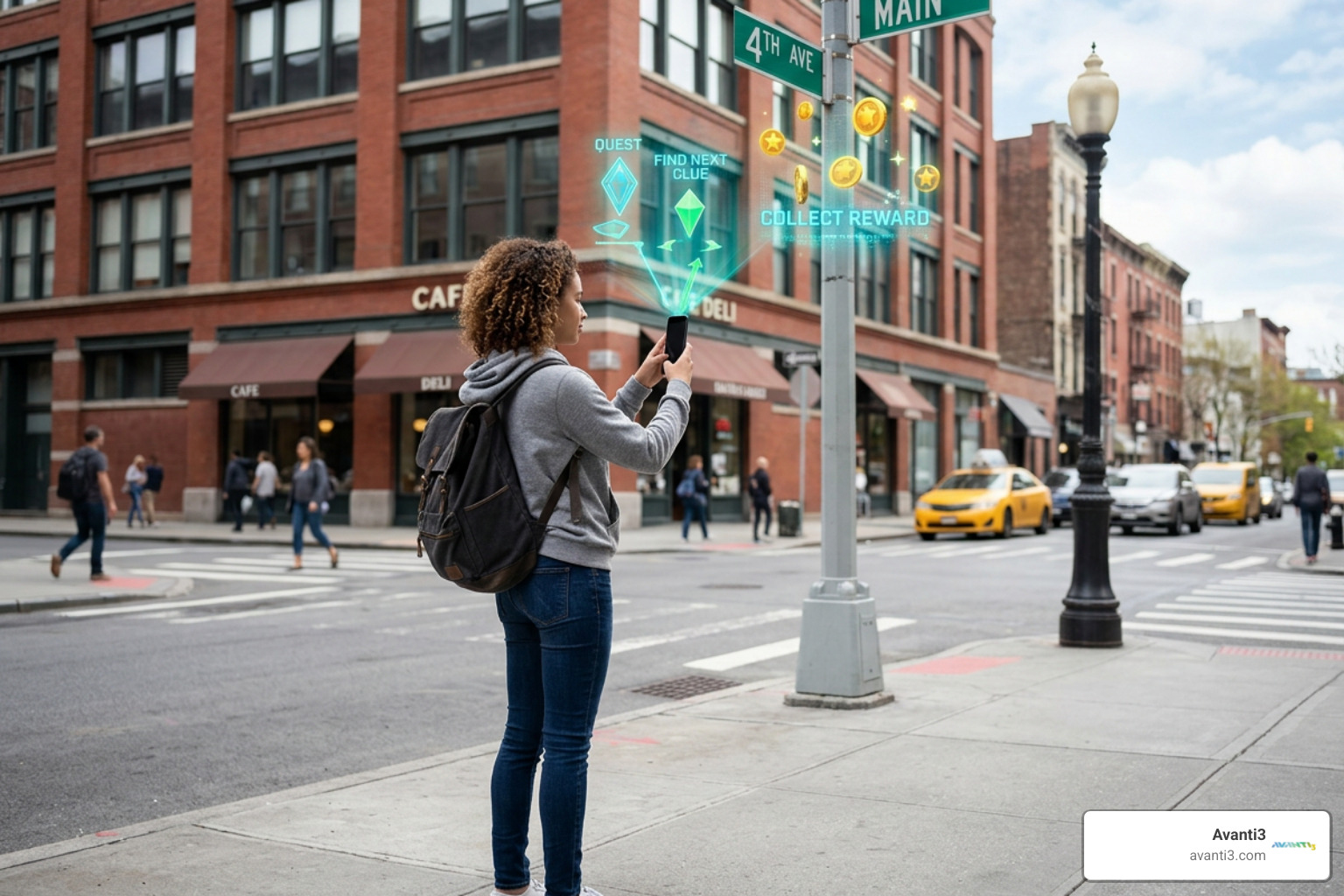 Consumer scanning a real-world location to reveal an interactive 3D Web3 quest overlay
