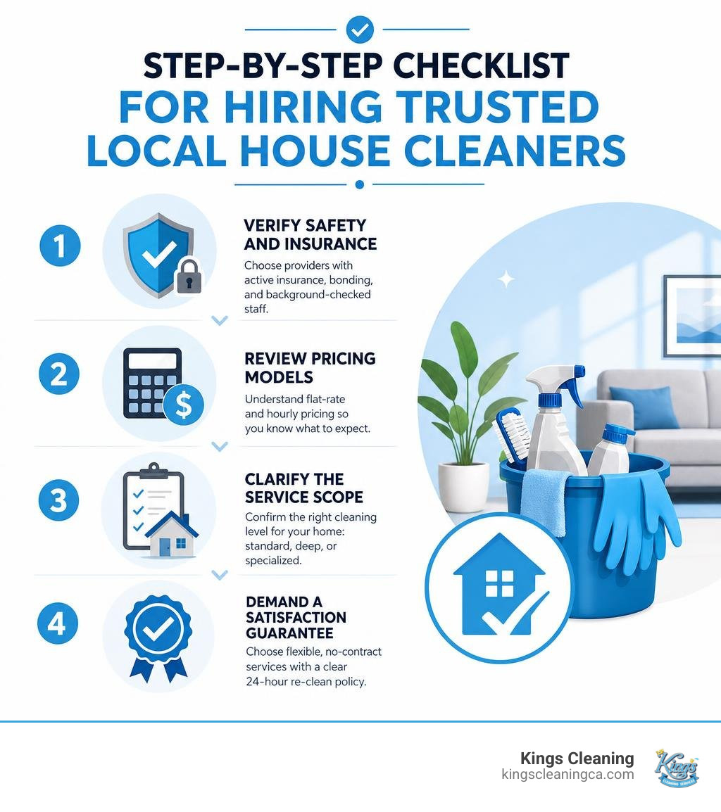 Step-by-step checklist for hiring trusted local house cleaners infographic Step-by-step checklist for hiring trusted local house cleaners infographic