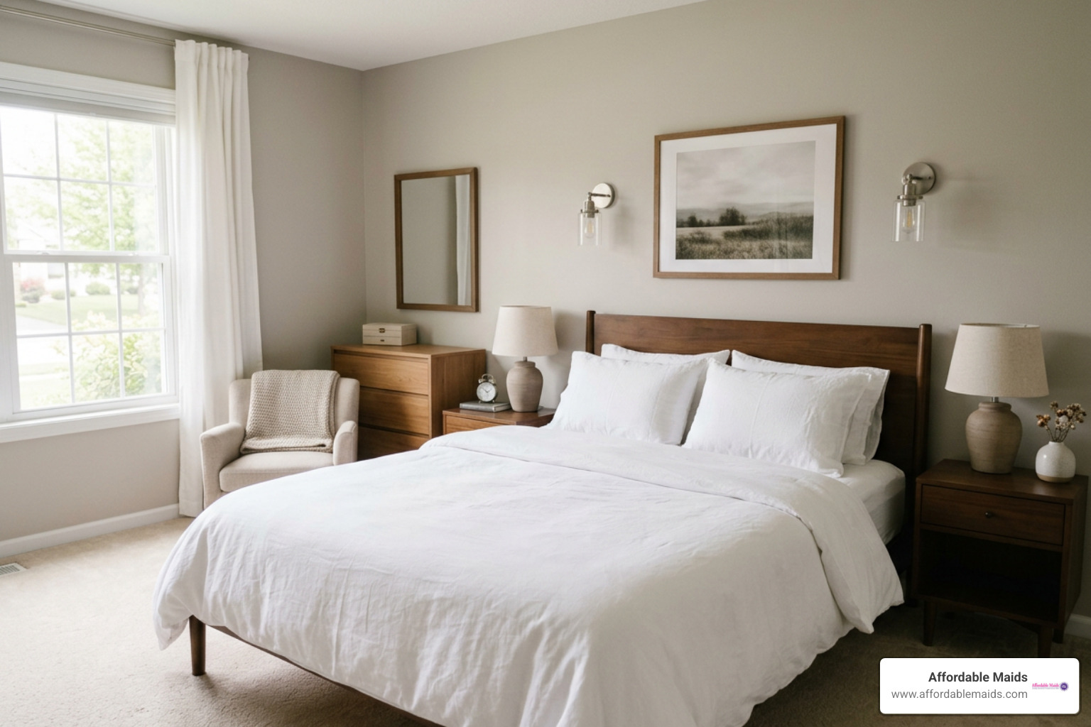 Neat and organized bedroom showing dust-free furniture and fresh bedding Neat and organized bedroom showing dust-free furniture and fresh bedding