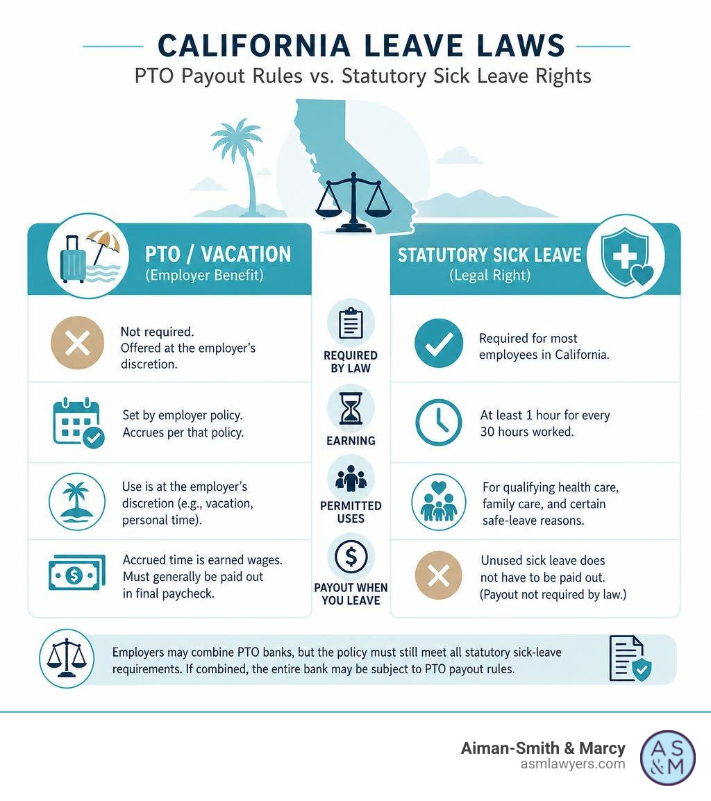 Comparison of California PTO payout rules and statutory sick leave rights infographic