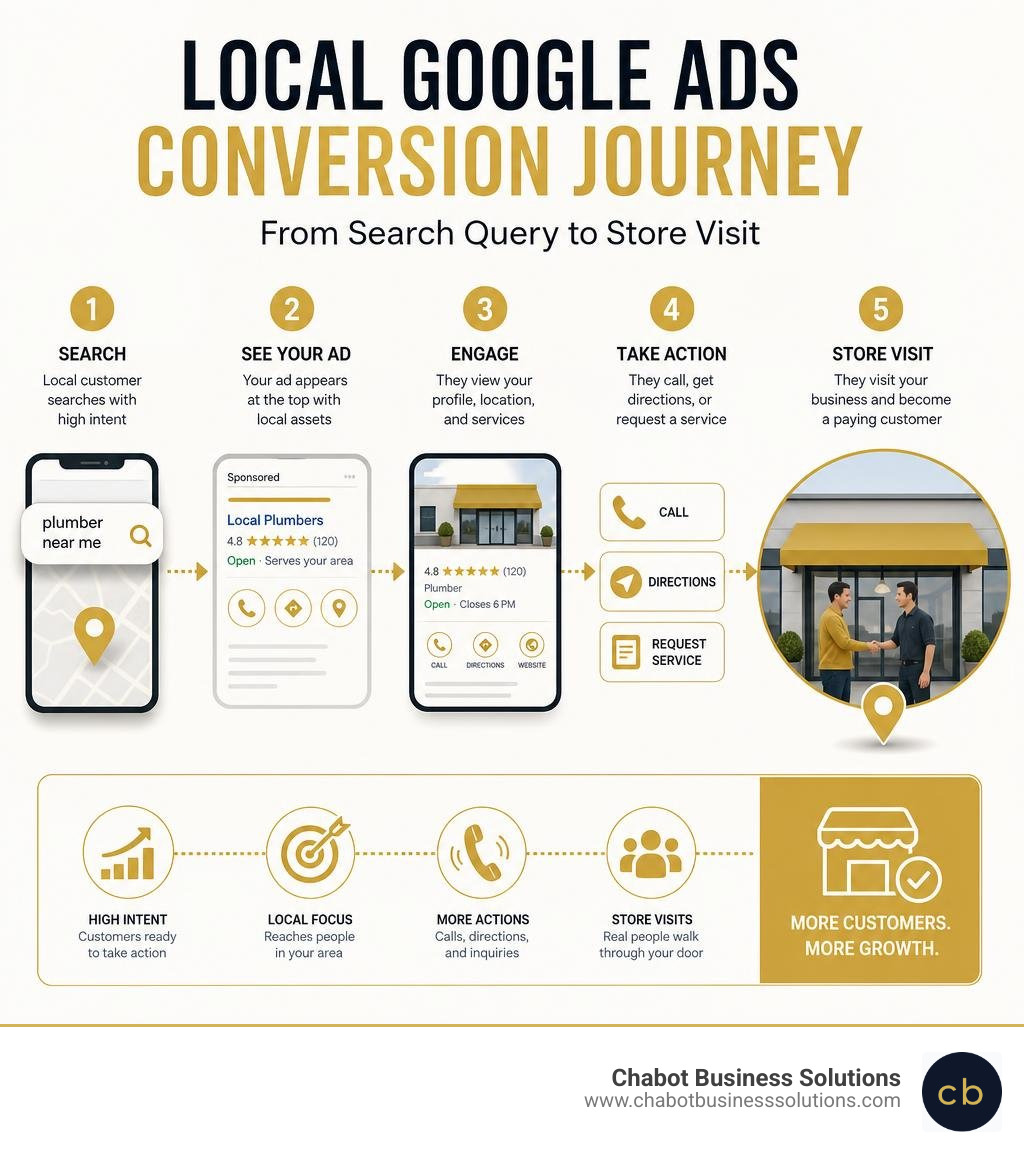Local Google Ads conversion journey from search query to store visit infographic