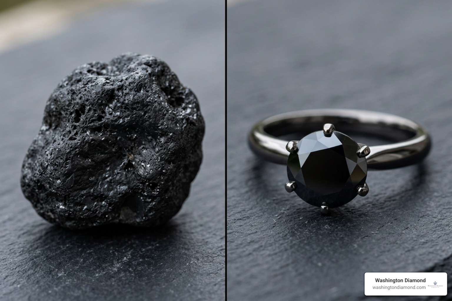 raw carbonado diamond next to cut black diamond raw carbonado diamond next to cut black diamond