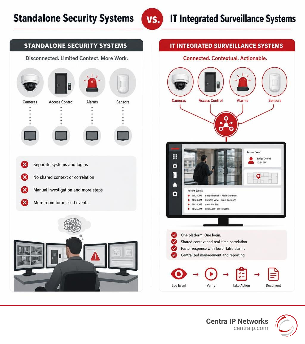 Standalone security systems versus IT integrated surveillance systems infographic Standalone security systems versus IT integrated surveillance systems infographic