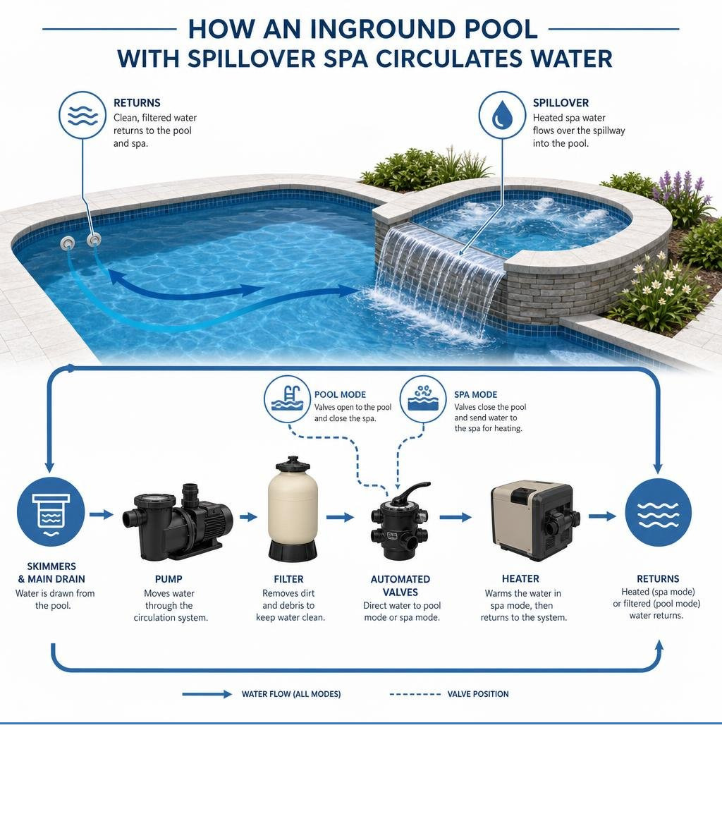 Overview of how an inground pool and spillover spa circulate water infographic Overview of how an inground pool and spillover spa circulate water infographic