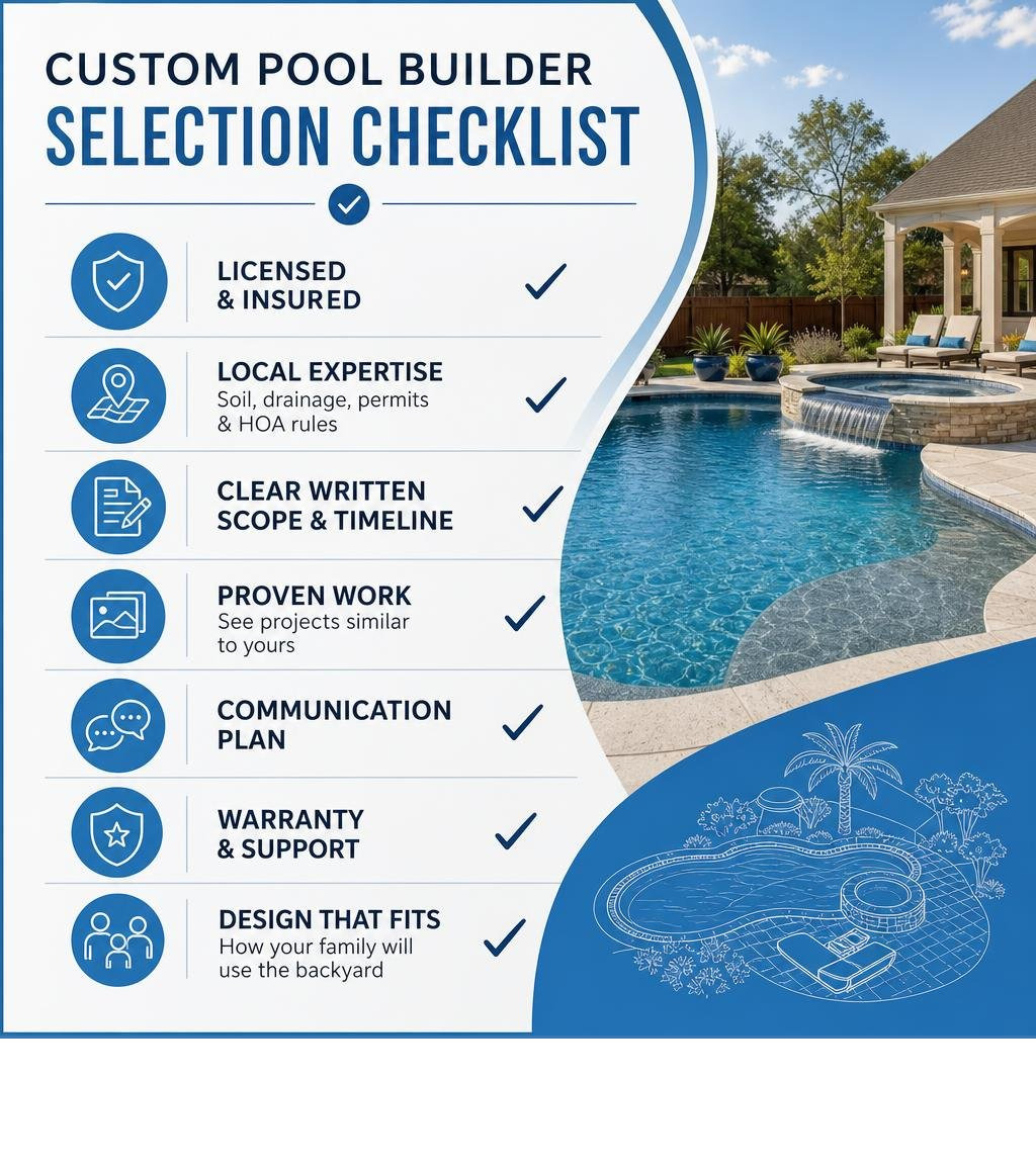 Custom pool builder selection checklist infographic Custom pool builder selection checklist infographic