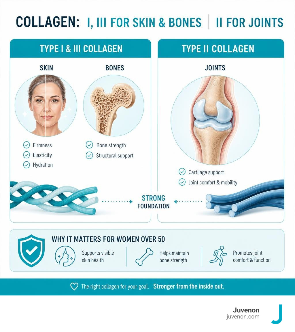 Infographic comparing Type I and III collagen for skin and bones with Type II for joints infographic
