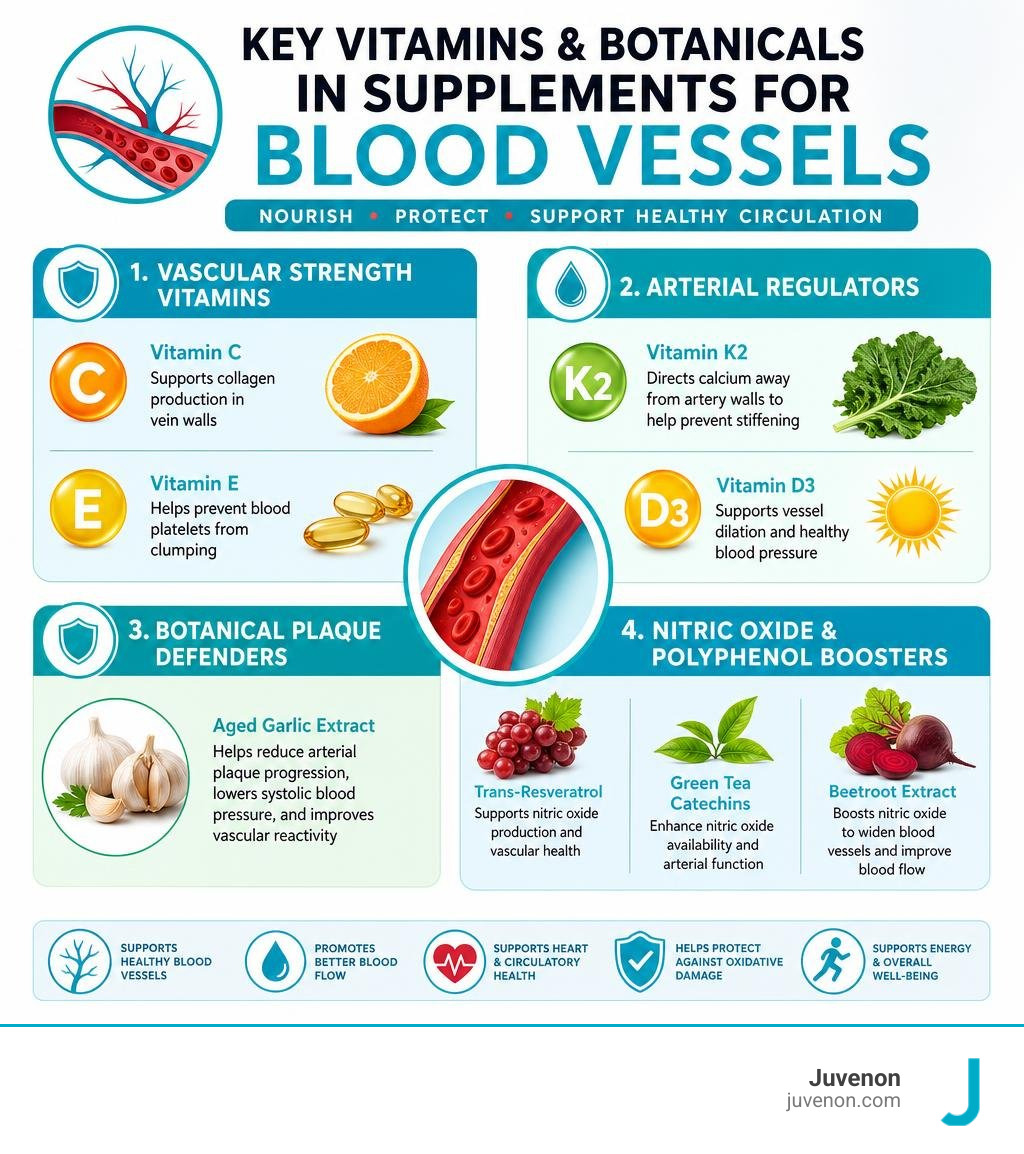 Key vitamins and botanicals in supplements for blood vessels infographic