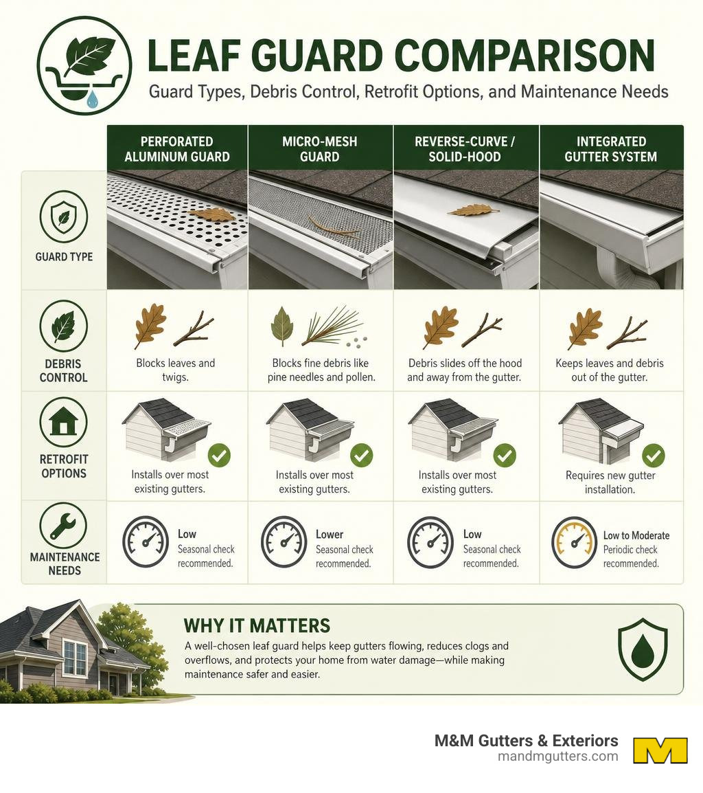 Leaf guard comparison: guard types, debris control, retrofit options, and maintenance needs infographic Leaf guard comparison: guard types, debris control, retrofit options, and maintenance needs infographic