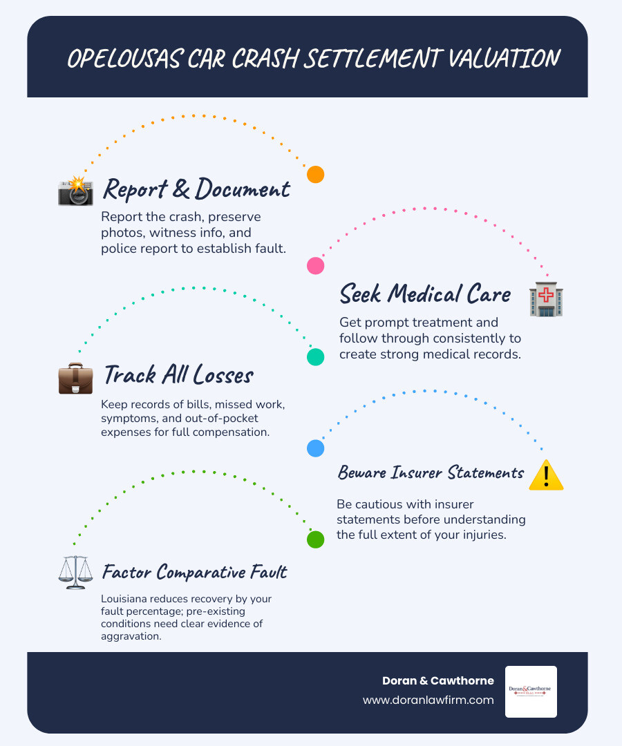 Opelousas car crash settlement value factors: fault, medical proof, losses, insurance, comparative fault infographic Opelousas car crash settlement value factors: fault, medical proof, losses, insurance, comparative fault infographic