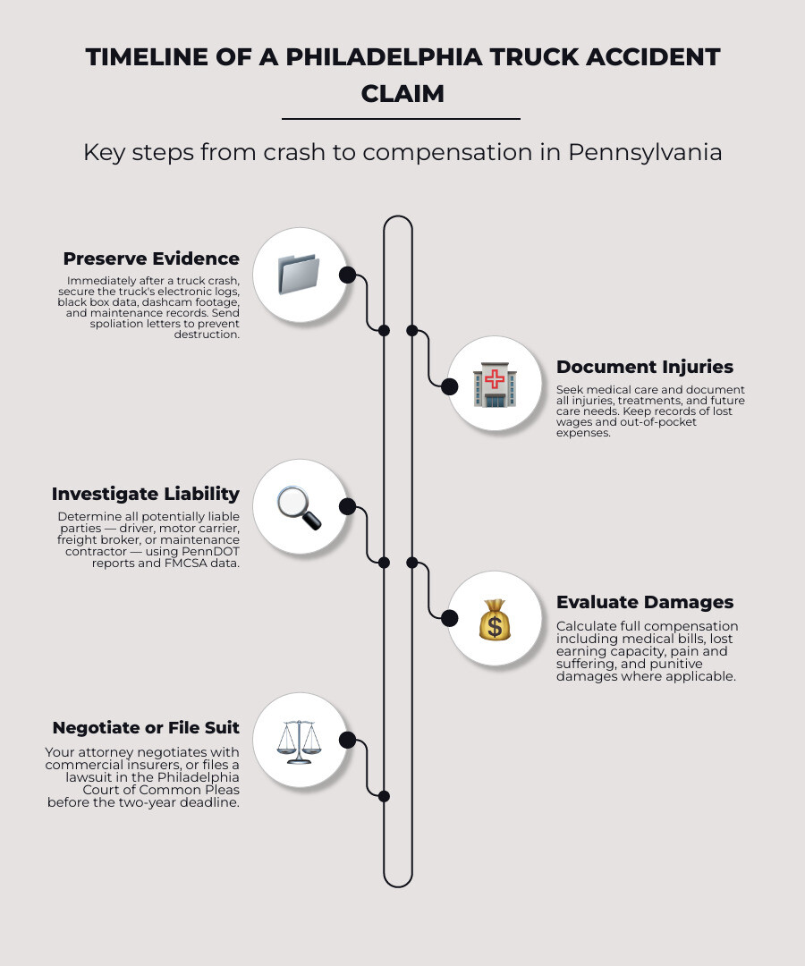 Philadelphia truck accident claim steps: preserve evidence, document injuries, evaluate damages, negotiate or file suit Philadelphia truck accident claim steps: preserve evidence, document injuries, evaluate damages, negotiate or file suit