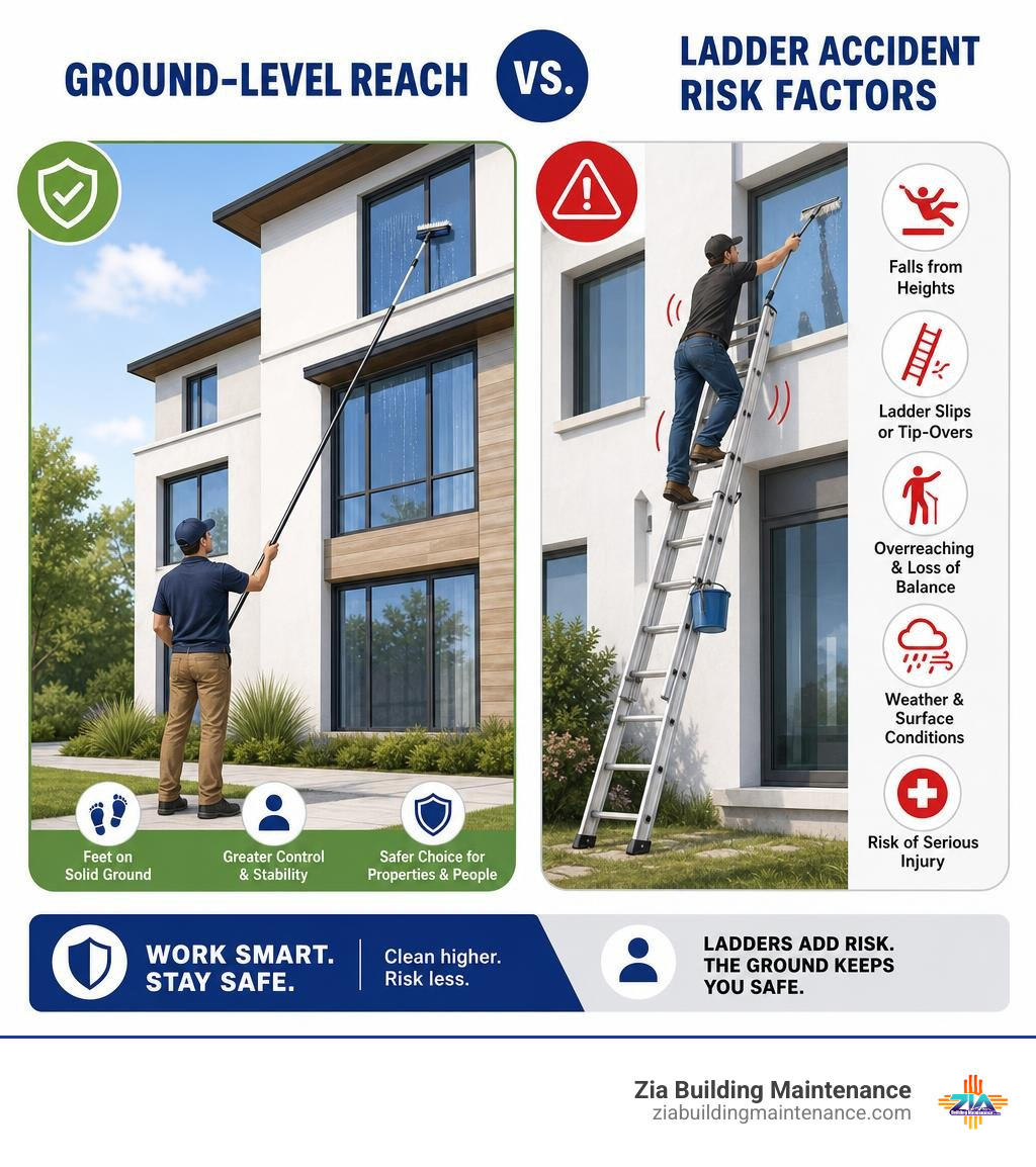 Ground-level reach versus ladder accident risk factors infographic Ground-level reach versus ladder accident risk factors infographic