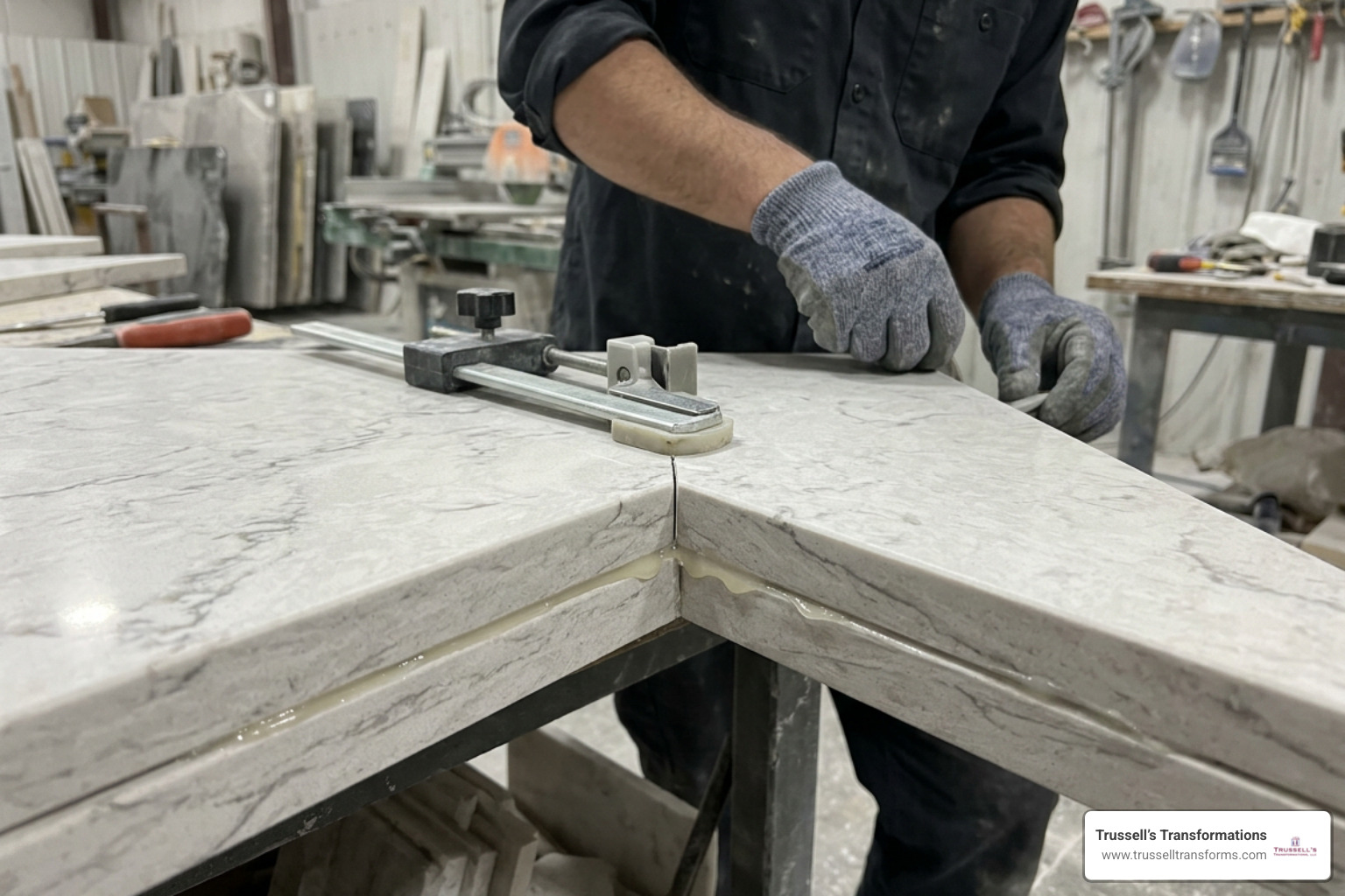 Detailed Fabrication Of A Mitered Quartz Countertop Edge Showing Precision Stone Cutting And Bonding