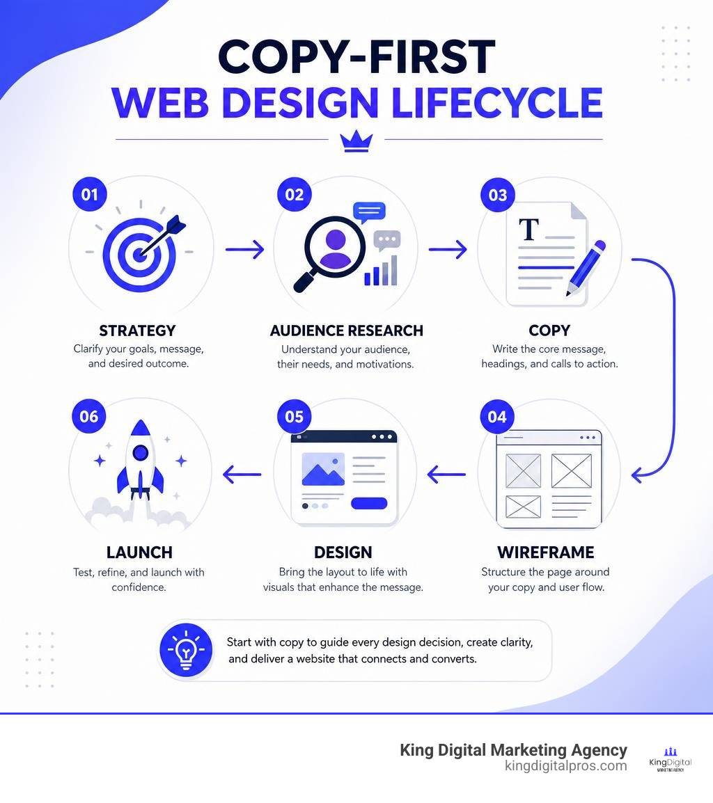 Copy-first web design lifecycle: strategy, audience research, copy, wireframe, design, launch infographic Copy-First Web Design Lifecycle: Strategy, Audience Research, Copy, Wireframe, Design, Launch Infographic