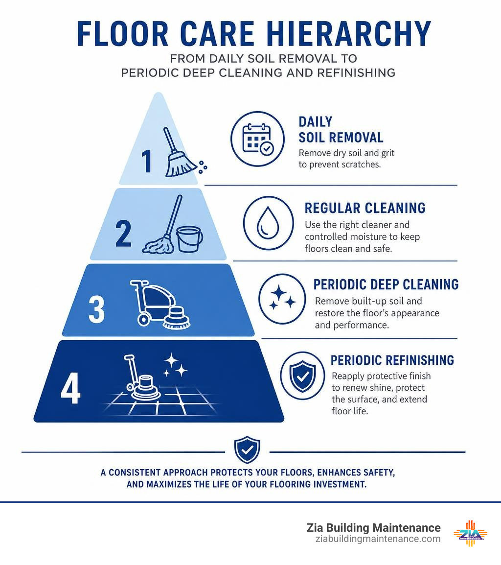 Floor care hierarchy from daily soil removal to periodic deep cleaning and refinishing infographic Floor care hierarchy from daily soil removal to periodic deep cleaning and refinishing infographic