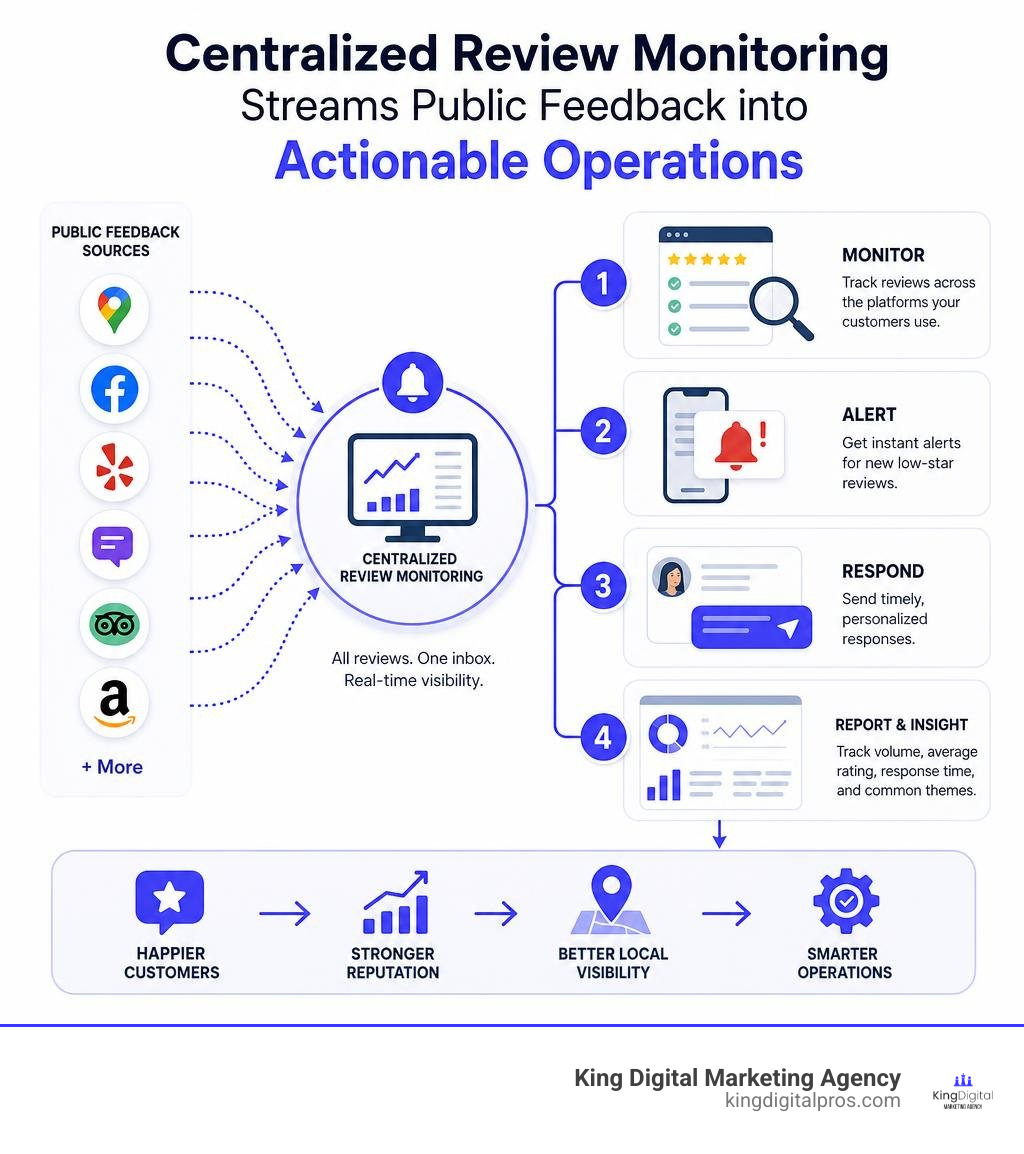 centralized review monitoring streams public feedback into actionable operations infographic Centralized Review Monitoring Streams Public Feedback Into Actionable Operations Infographic