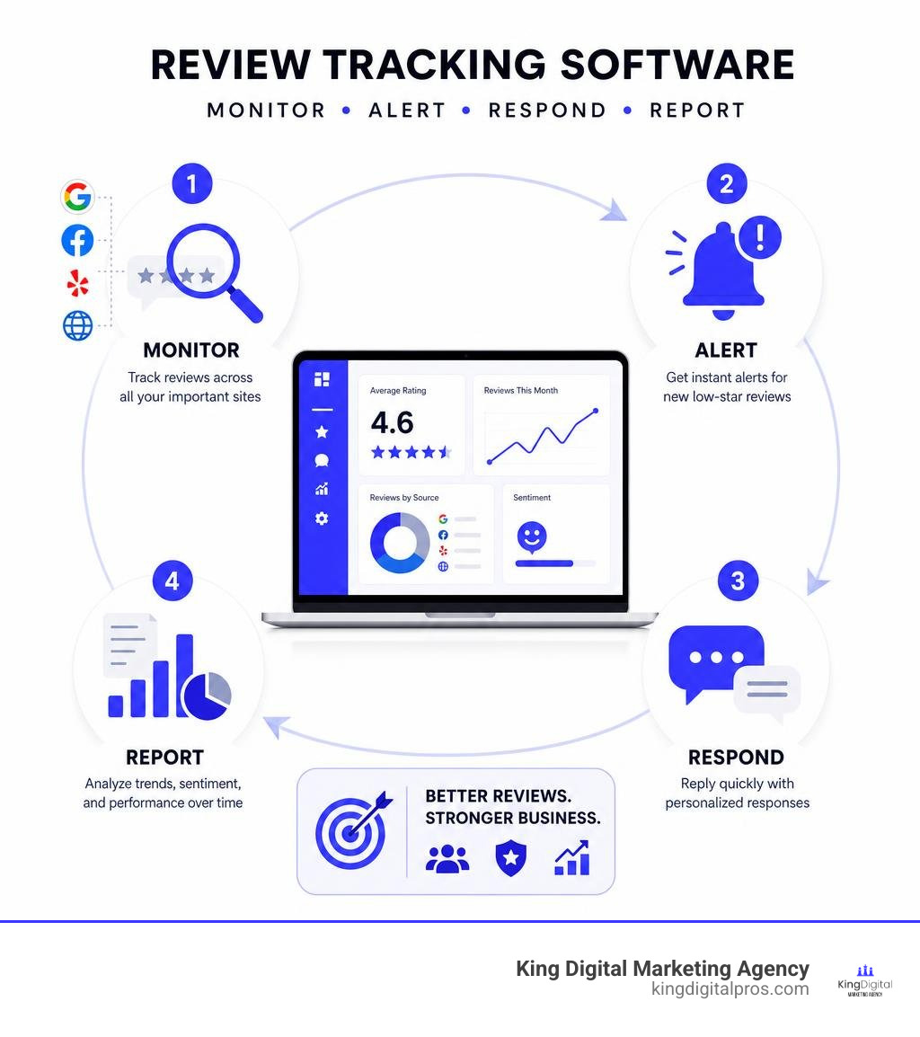 Infographic showing review tracking software monitoring, alerts, responses, and reporting infographic Infographic Showing Review Tracking Software Monitoring, Alerts, Responses, And Reporting Infographic