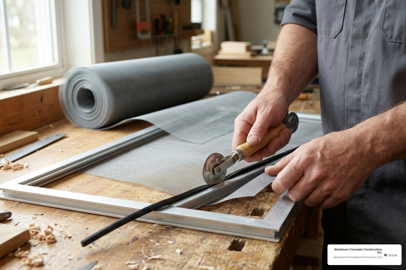 Using a spline roller tool to press mesh and spline into an aluminum frame