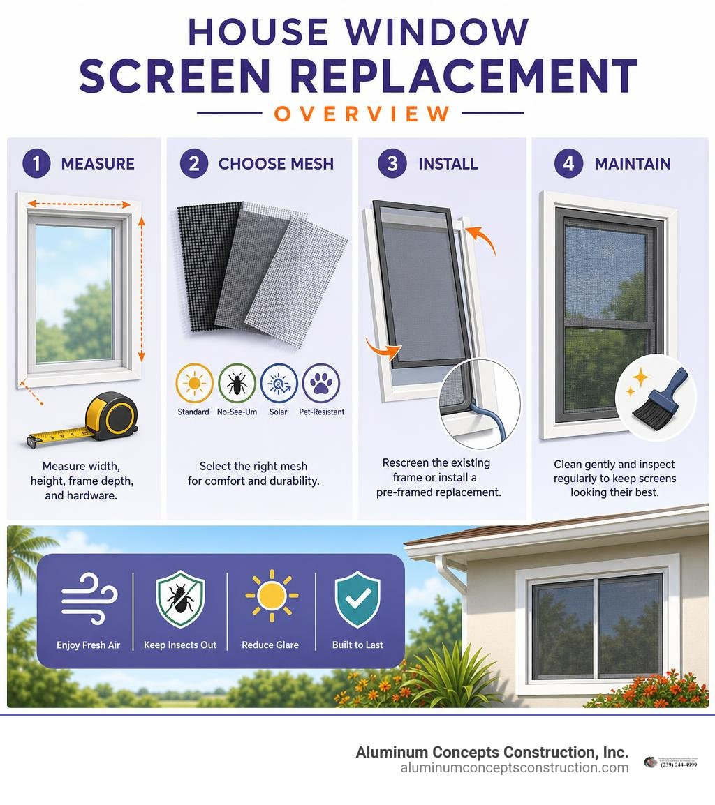 House window screen replacement overview: measure, choose mesh, install, maintain infographic