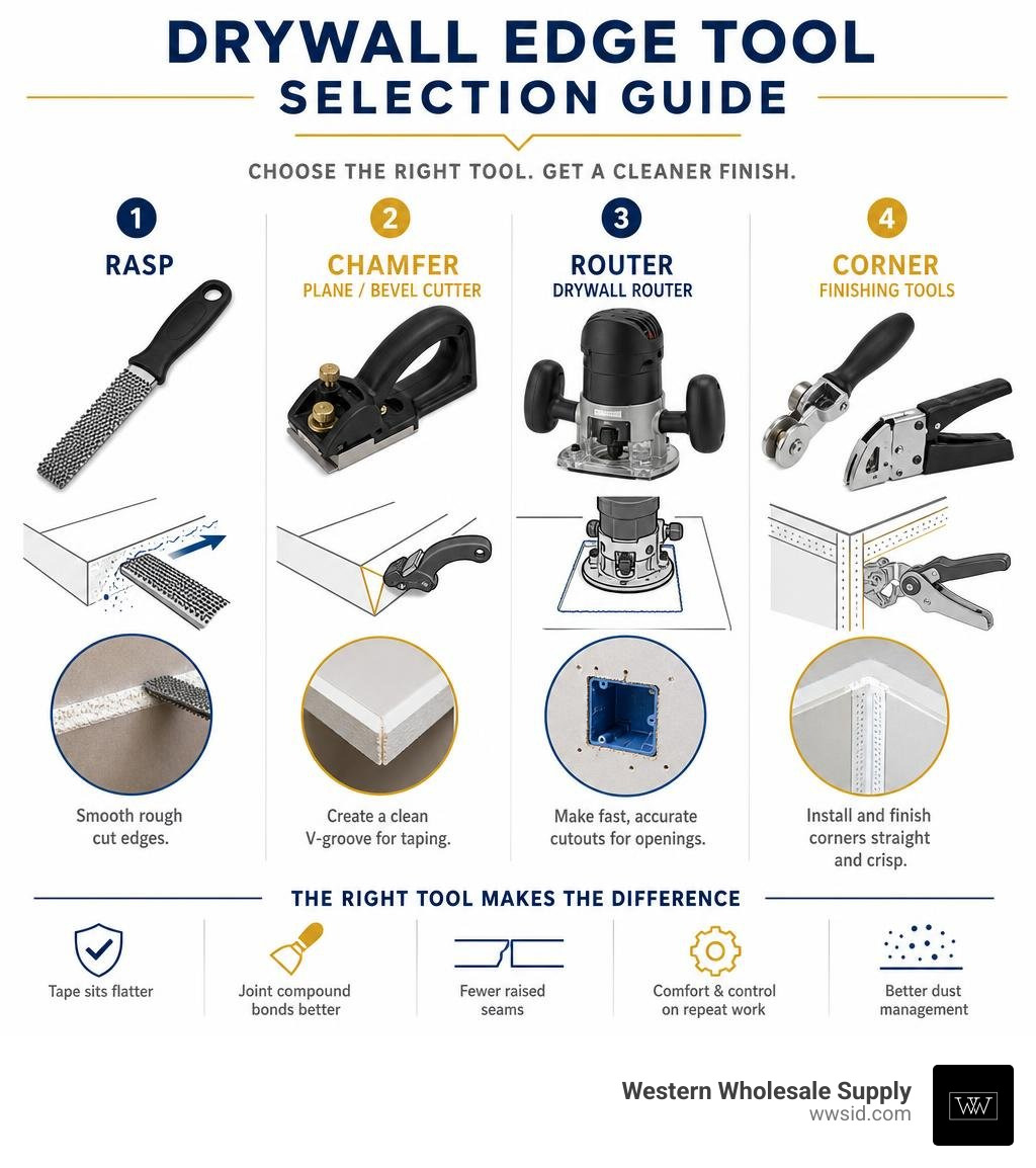 Drywall edge tool selection guide for rasping chamfering routing and corner finishing infographic Drywall edge tool selection guide for rasping chamfering routing and corner finishing infographic