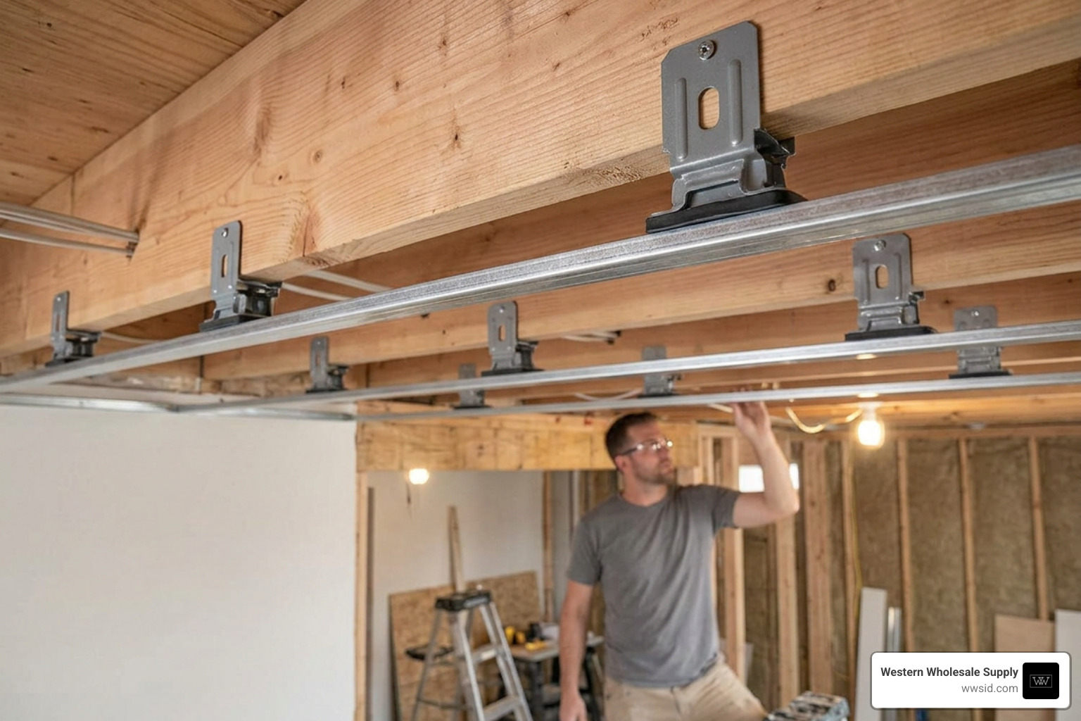 Resilient sound isolation clips and hat channel mounted to ceiling joists Resilient sound isolation clips and hat channel mounted to ceiling joists