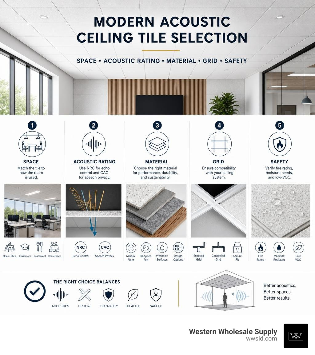 Modern acoustic ceiling tile selection: space, acoustic rating, material, grid, and safety infographic Modern acoustic ceiling tile selection: space, acoustic rating, material, grid, and safety infographic