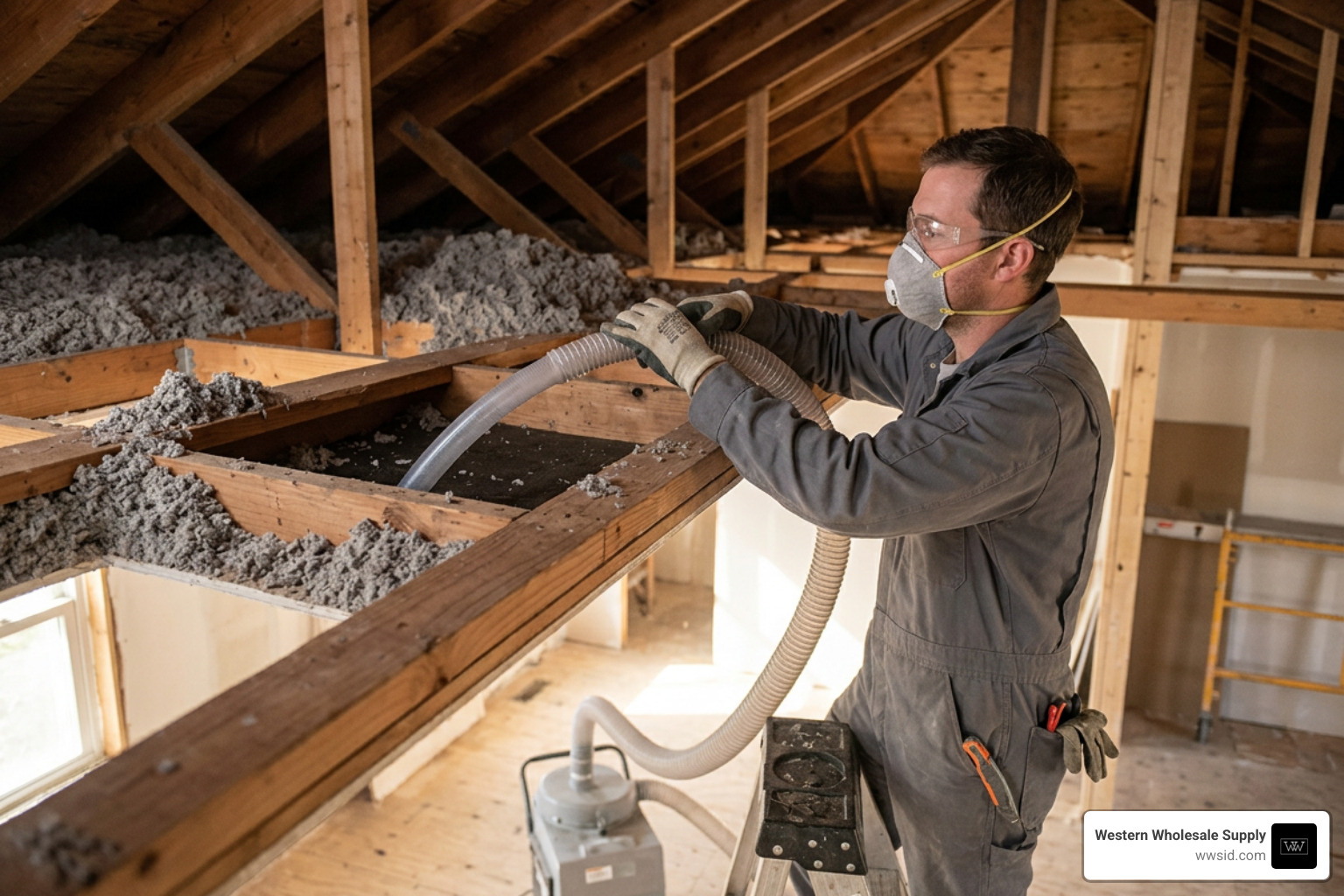 Dense-pack cellulose injection into ceiling joist bays Dense-pack cellulose injection into ceiling joist bays