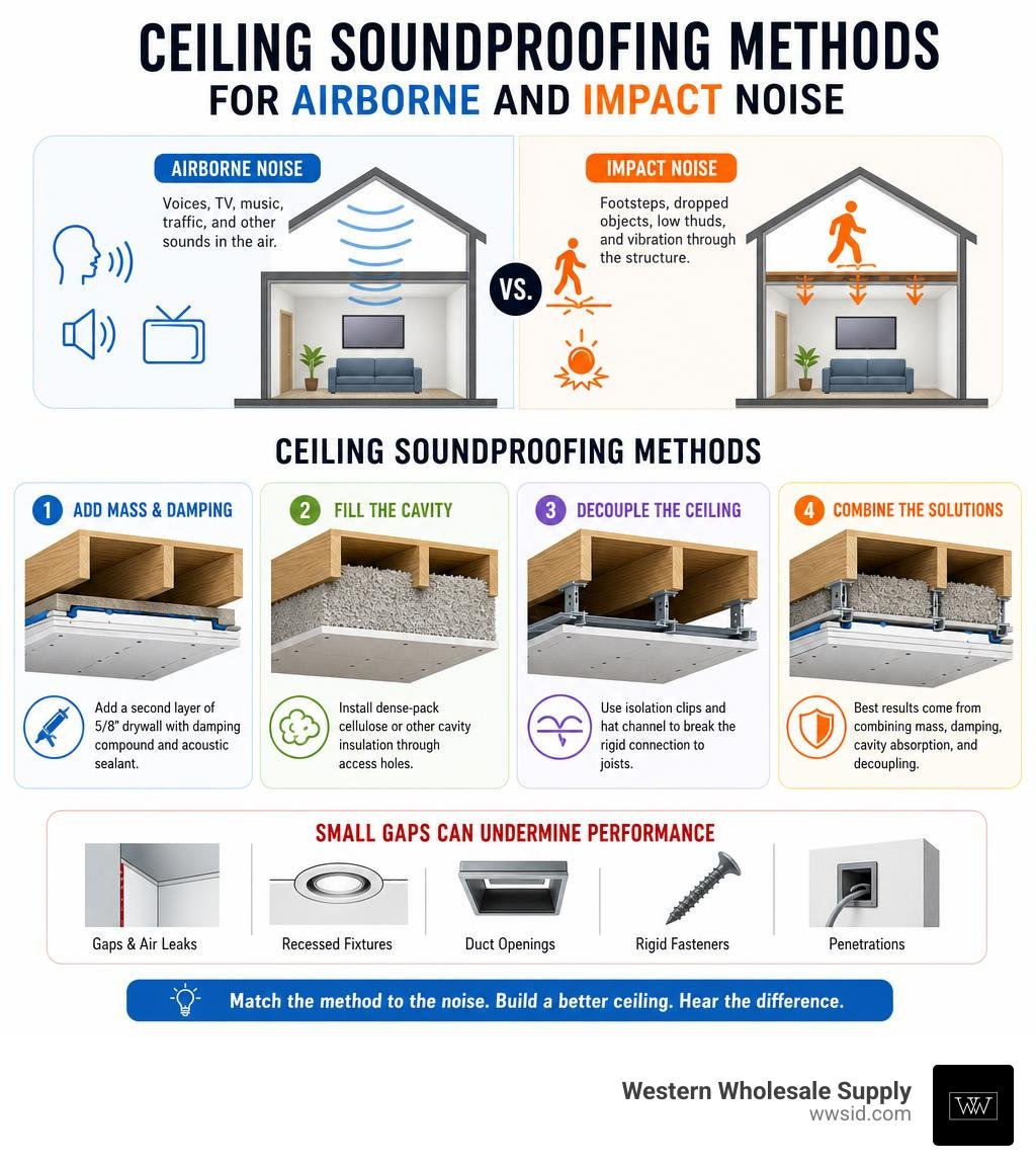 Ceiling soundproofing methods for airborne and impact noise infographic Ceiling soundproofing methods for airborne and impact noise infographic