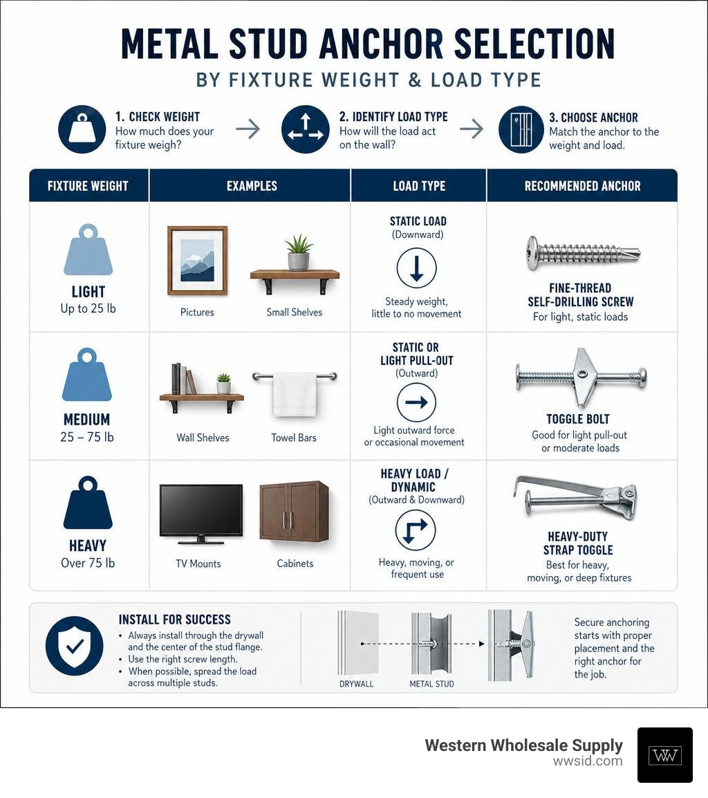 Metal stud anchor selection by fixture weight and load type infographic Metal stud anchor selection by fixture weight and load type infographic