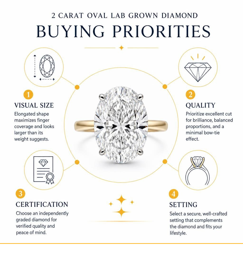 2 carat oval lab grown diamond buying priorities: visual size, quality, certification, setting infographic