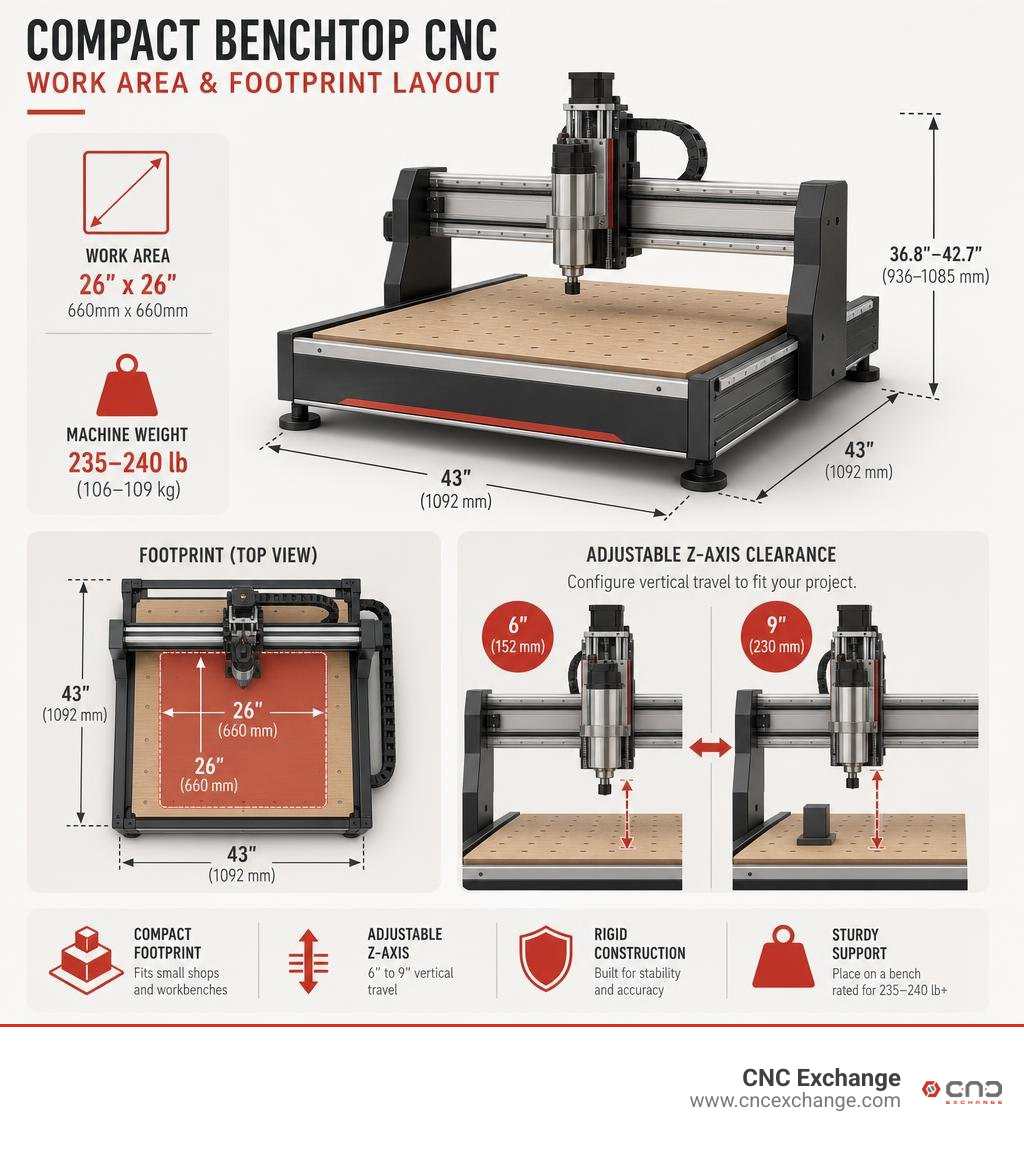 Compact benchtop CNC work area and footprint dimensional layout infographic