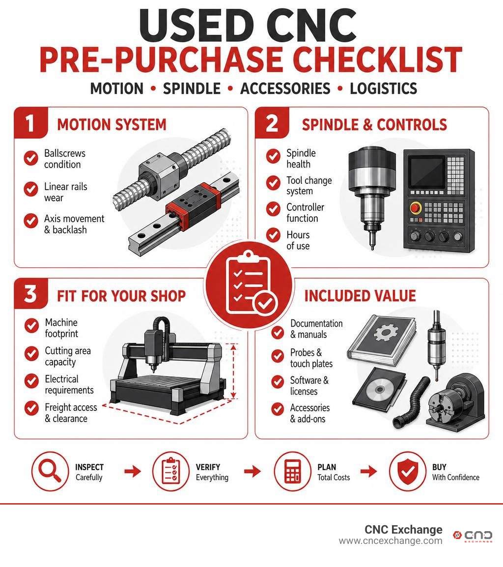 Used CNC pre-purchase checklist: motion, spindle, accessories, logistics infographic