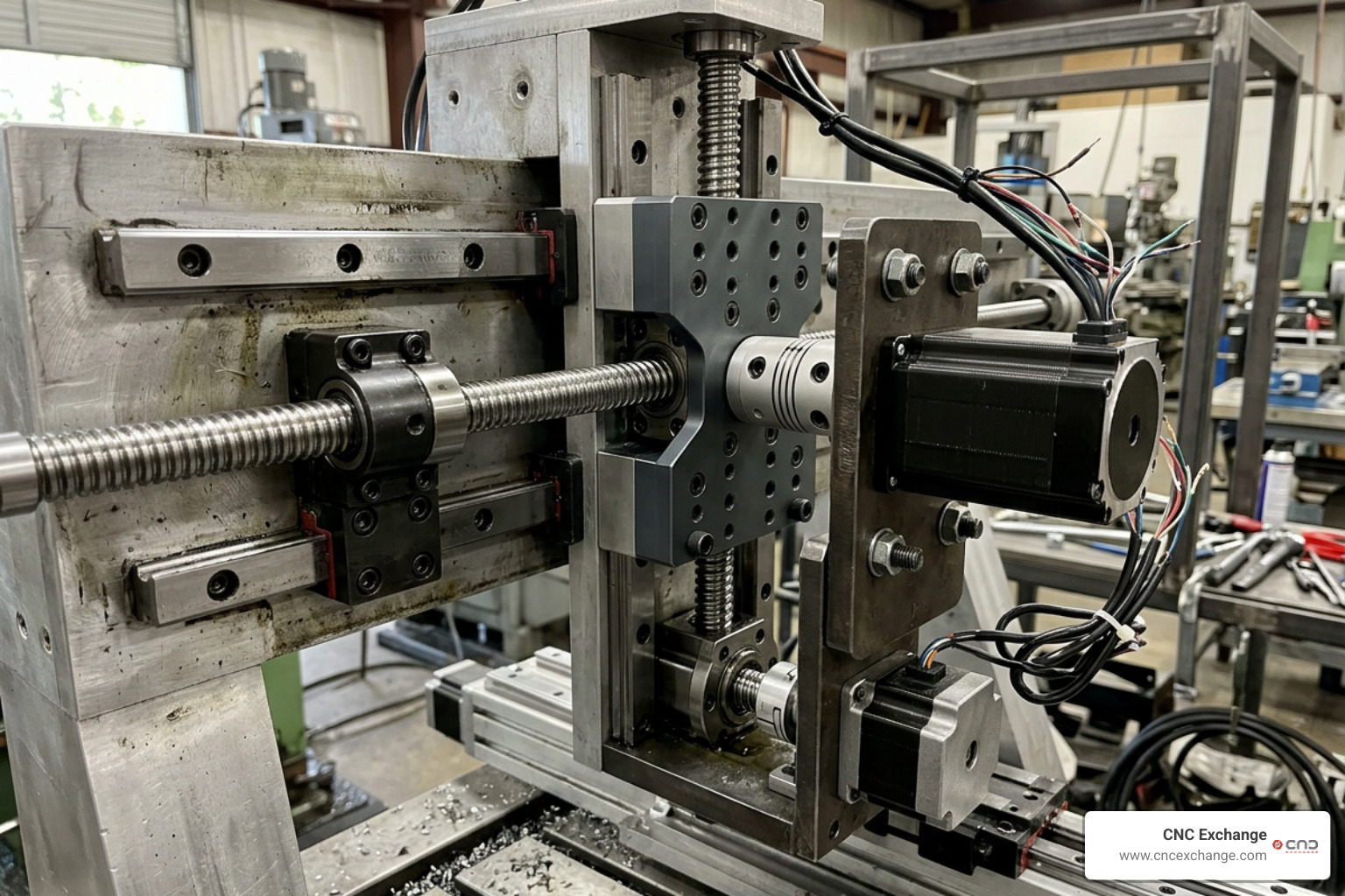 dual-axis ballscrew mechanisms and stepper motor assemblies on a CNC gantry