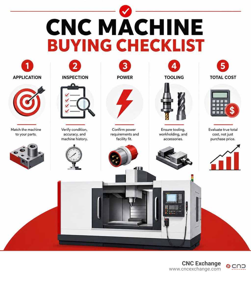 CNC machine buying checklist: application, inspection, power, tooling, and total cost infographic CNC machine buying checklist: application, inspection, power, tooling, and total cost infographic