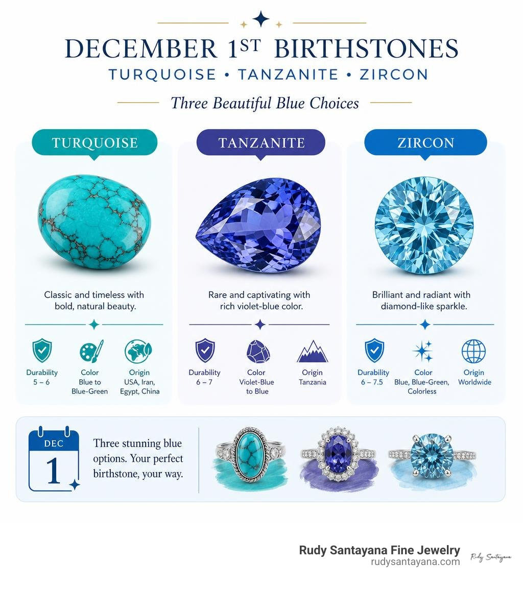 Infographic comparing turquoise tanzanite and zircon for December 1st infographic