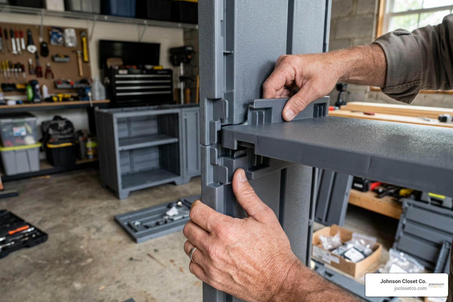 interlocking plastic panels during garage cabinet assembly interlocking plastic panels during garage cabinet assembly