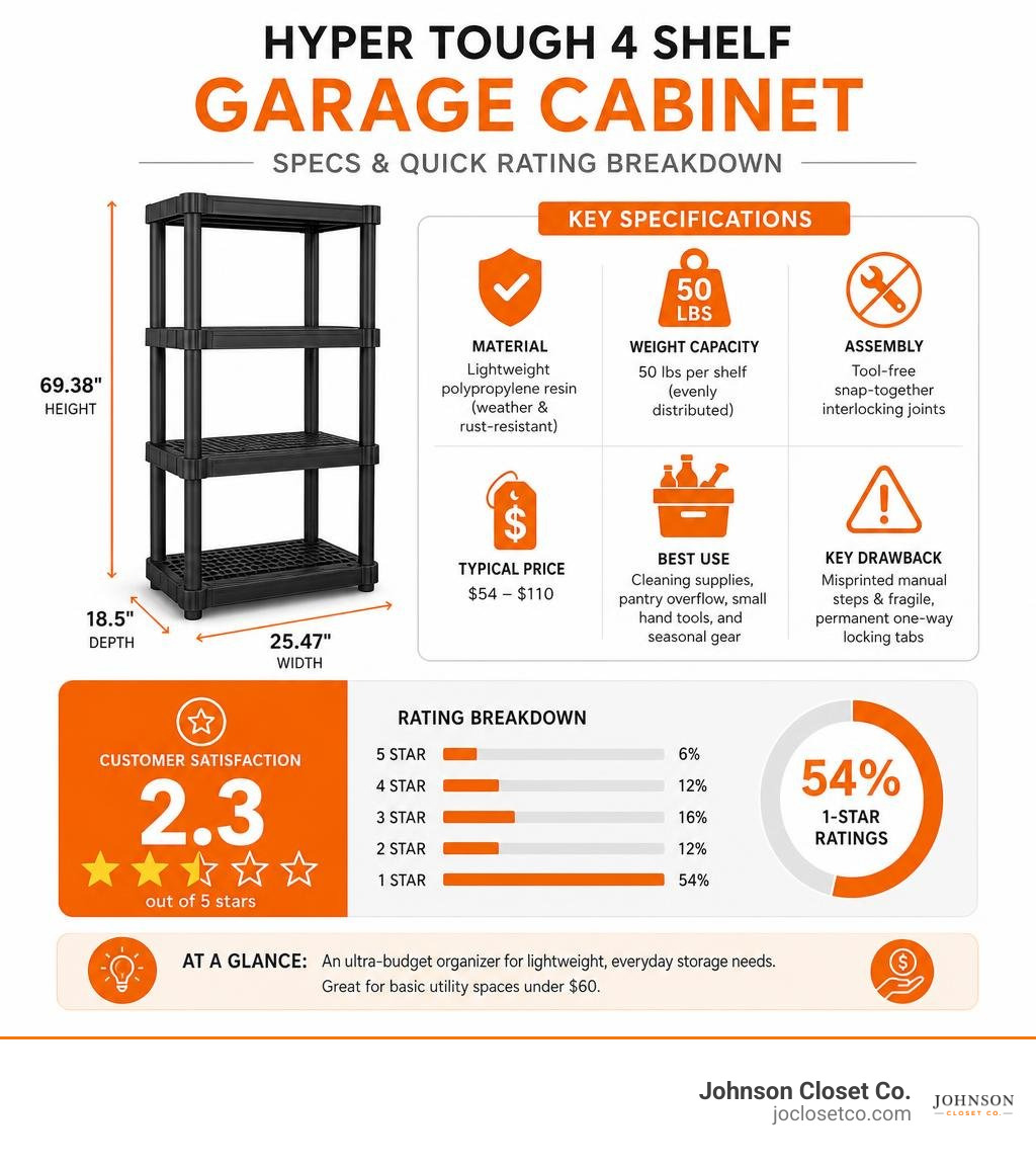Hyper Tough 4 shelf garage cabinet specs and quick rating breakdown infographic Hyper Tough 4 shelf garage cabinet specs and quick rating breakdown infographic