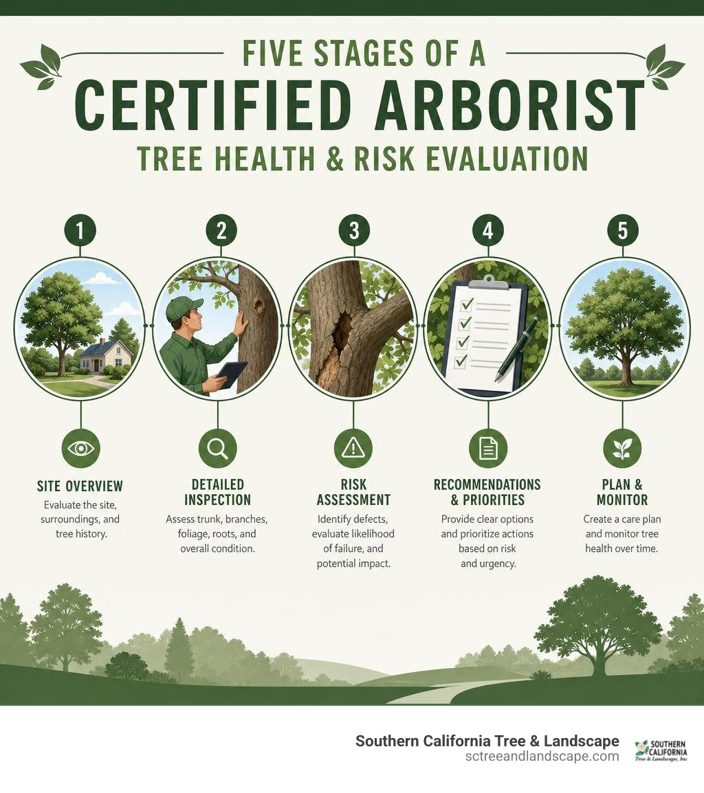 Five stages of a certified arborist tree health and risk evaluation infographic