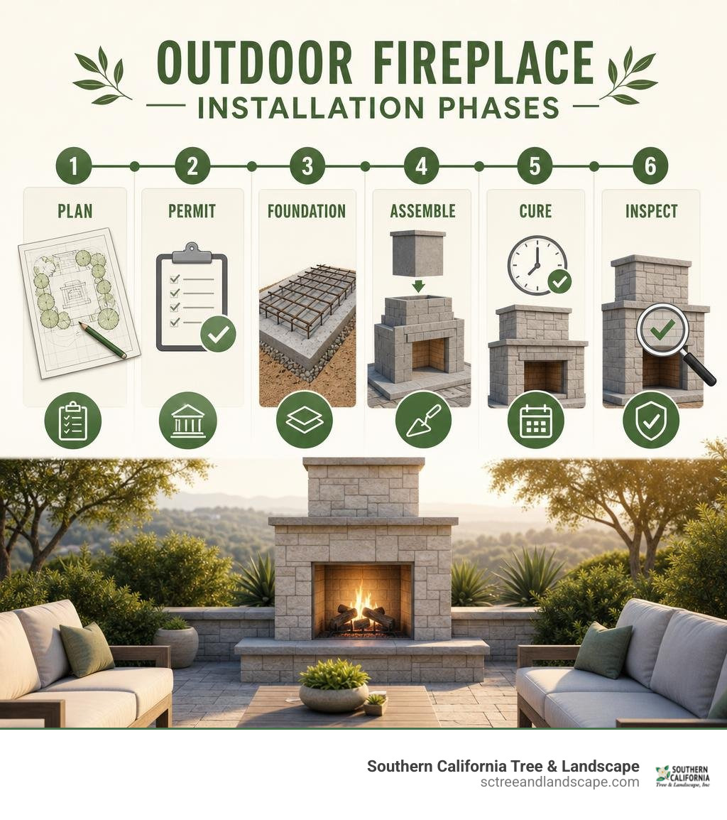 Outdoor fireplace installation phases: plan, permit, foundation, assemble, cure, inspect infographic Outdoor fireplace installation phases: plan, permit, foundation, assemble, cure, inspect infographic