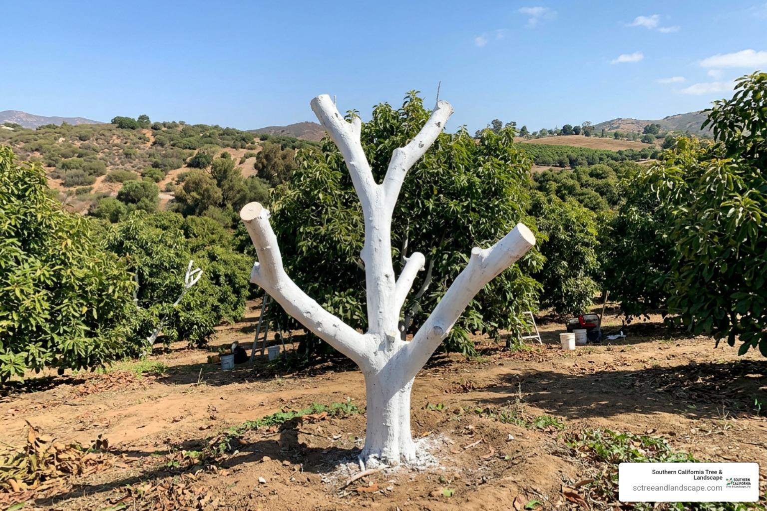 Whitewashed avocado trunk and scaffold limbs after heavy pruning Whitewashed avocado trunk and scaffold limbs after heavy pruning