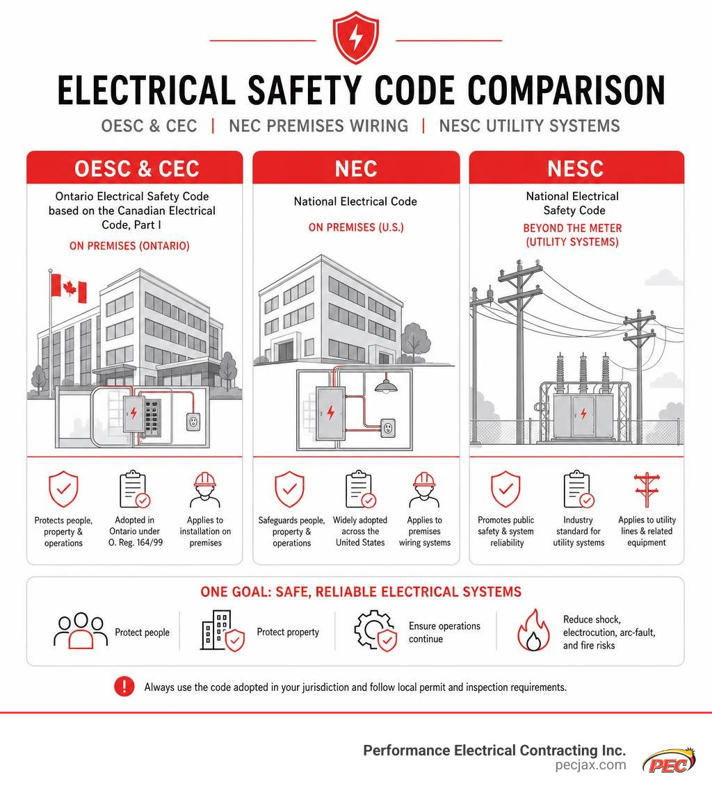 Electrical safety code comparison: OESC and CEC, NEC premises wiring, and NESC utility systems infographic