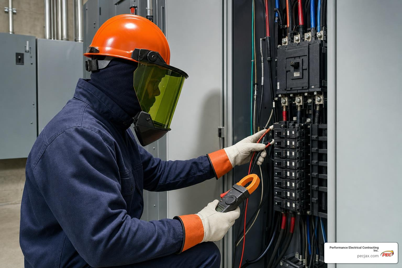 electrician in arc flash PPE checking panelboard